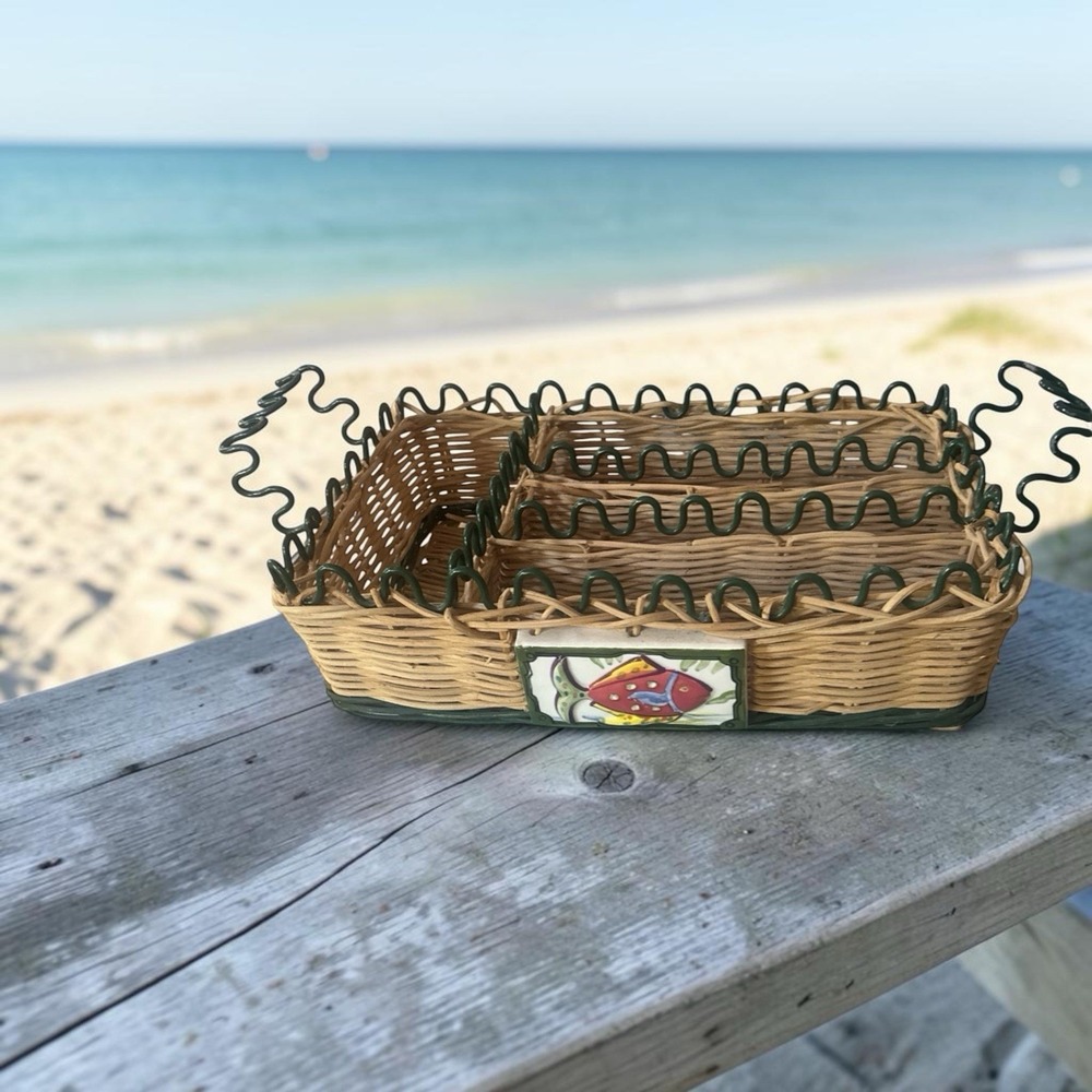 Vintage Wicker Utensils Tray Fish Ceramic Tile Green Metal Accents Summer Vibes